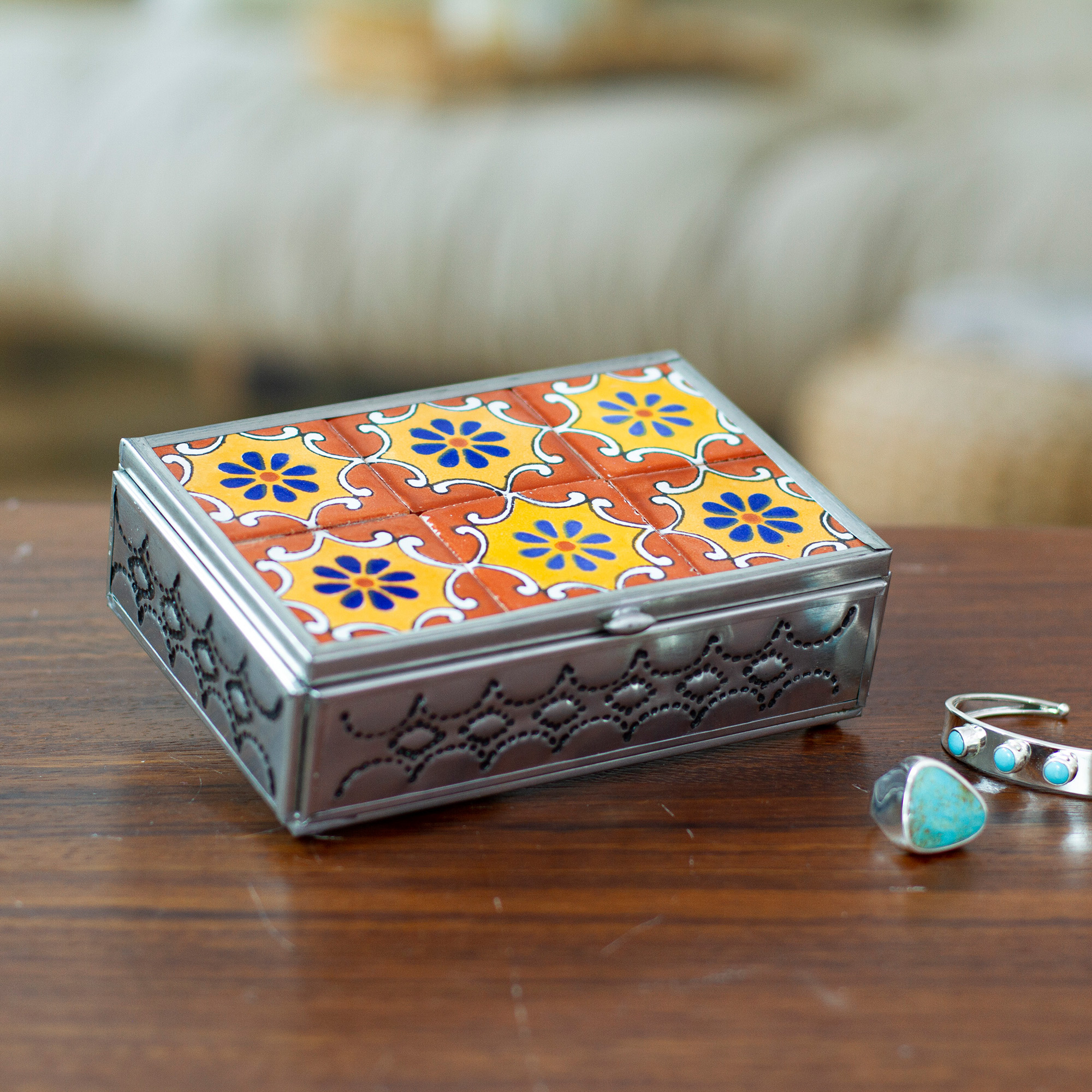 Talavera Tin and Ceramic Jewelry Box in Orange and Yellow Palace of Suns  NOVICA