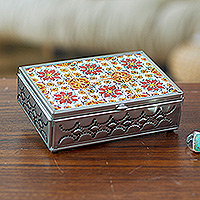 Tin and ceramic jewelry box, 'Palace of Flowers' - Talavera Tin and Ceramic Jewelry Box in Warm Floral Details