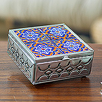 Tin and ceramic jewelry box, 'Twilight Mansion' - Handcrafted Tin and Ceramic Jewelry Box in Blue and Orange