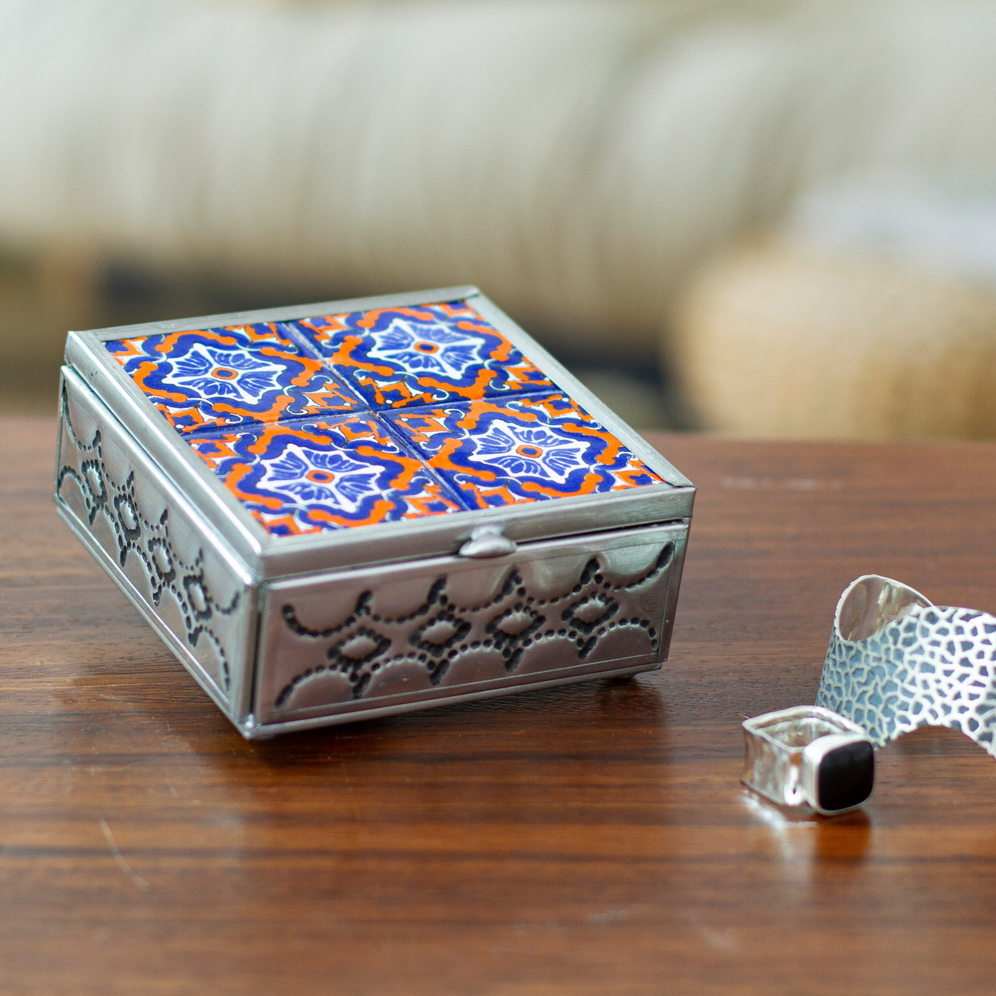 Handcrafted Tin and Ceramic Jewelry Box in Blue and Orange