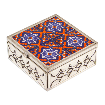Tin and ceramic jewellery box, 'Twilight Mansion' - Handcrafted Tin and Ceramic jewellery Box in Blue and Orange