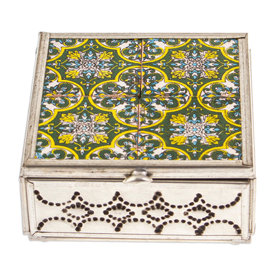 Tin and ceramic jewelry box, 'Forest Mansion' - Handcrafted Tin and Ceramic Jewelry Box in Green and Yellow