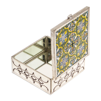 Tin and ceramic jewelry box, 'Forest Mansion' - Handcrafted Tin and Ceramic Jewelry Box in Green and Yellow