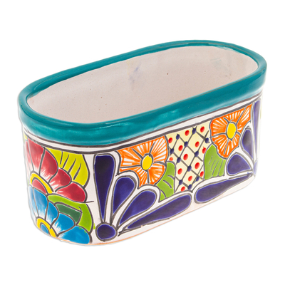 Ceramic flower pot, 'Oblong Hacienda in Teal' - Handcrafted Floral Talavera Ceramic Flower Pot from Mexico