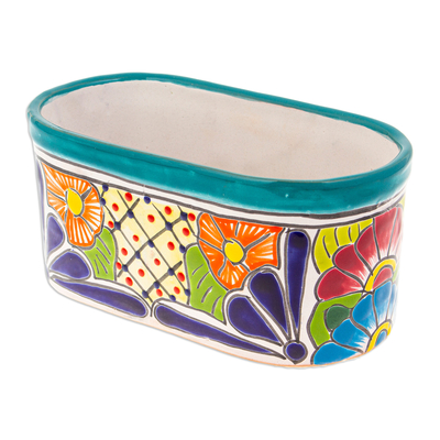 Ceramic flower pot, 'Oblong Hacienda in Teal' - Handcrafted Floral Talavera Ceramic Flower Pot from Mexico