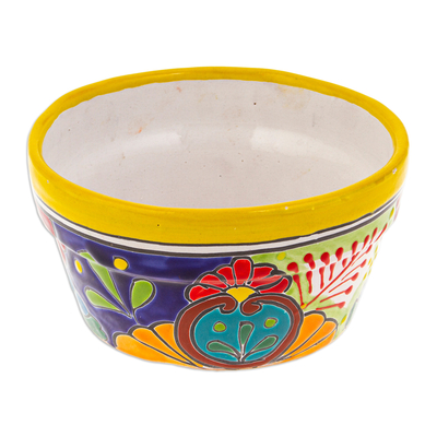 Ceramic flower pot, 'Jonquil Days at the Hacienda' - Handcrafted Talavera Ceramic Flower Pot Painted in Jonquil
