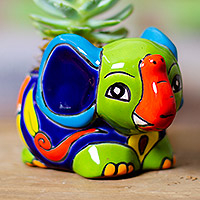 Ceramic flower pot, 'Elephant Customs' - Talavera Elephant-Themed Ceramic Flower Pot in Green Hues