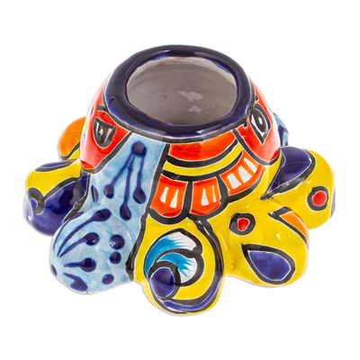 Ceramic flower pot, 'Marine Hacienda' - Talavera Octopus-Themed Ceramic Flower Pot in Warm Hues