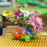Ceramic flower pot, 'Festive Shell' - Talavera Turtle-Themed Ceramic Flower Pot in Warm Hues