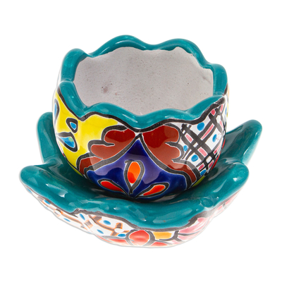 Blumentopf aus Keramik - Handgefertigter floraler Keramiktopf mit Untertasse in einem blaugrünen Farbton