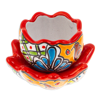 Ceramic flower pot, 'Talavera Eden in Strawberry' - Handcrafted Floral Ceramic Pot with Saucer in Strawberry