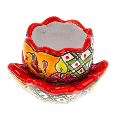 Maceta de cerámica - Olla de cerámica floral hecha a mano con platillo en fresa