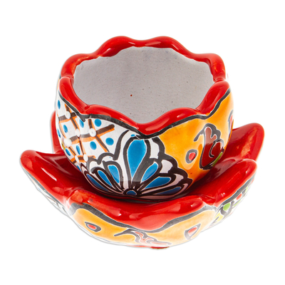 Blumentopf aus Keramik - Handgefertigter floraler Keramiktopf mit Untertasse in Erdbeere