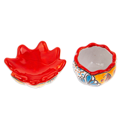 Ceramic flower pot, 'Talavera Eden in Strawberry' - Handcrafted Floral Ceramic Pot with Saucer in Strawberry