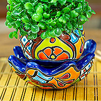 Ceramic flower pot, 'Talavera Eden in Indigo'