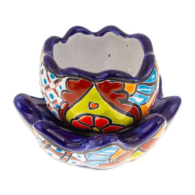 Maceta de cerámica - Olla de cerámica floral hecha a mano con platillo en tono índigo