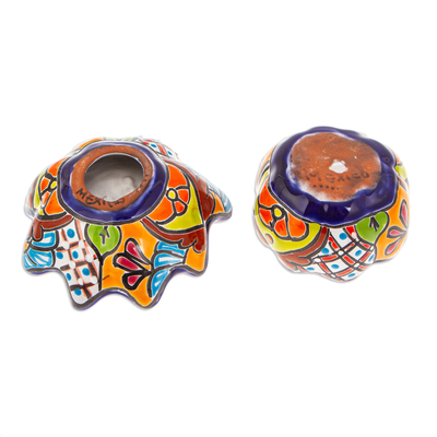 Ceramic flower pot, 'Talavera Eden in Indigo' - Handcrafted Floral Ceramic Pot with Saucer in an Indigo Hue