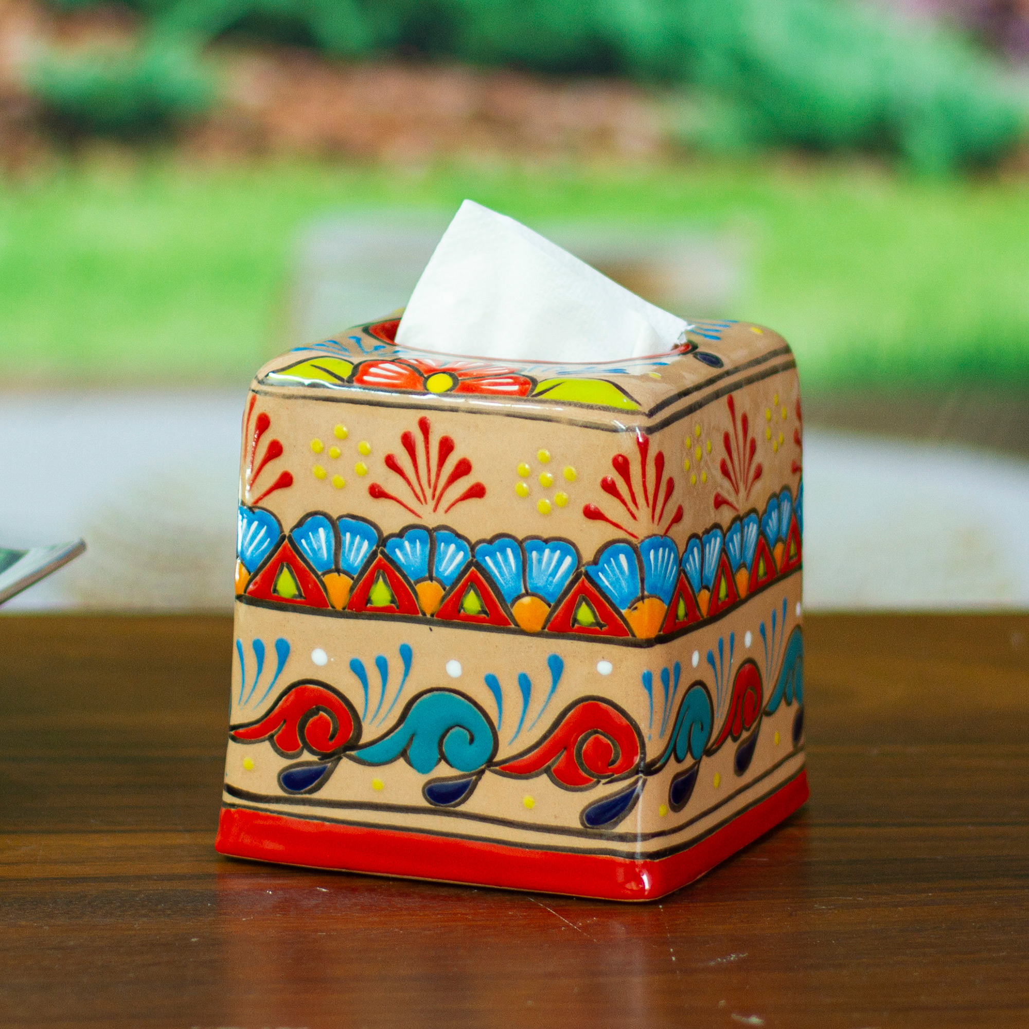 Handcrafted Talavera Floral Ceramic Tissue Box Cover - Spring