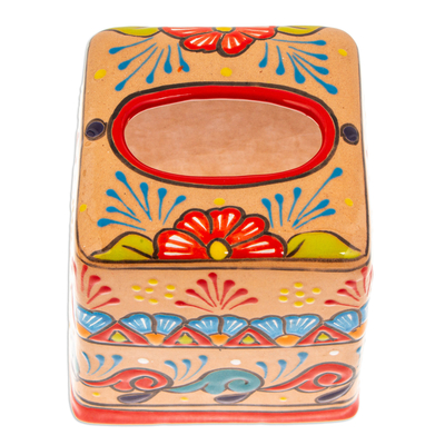 Ceramic tissue box cover, 'Spring Convenience' - Handcrafted Talavera Floral Ceramic Tissue Box Cover