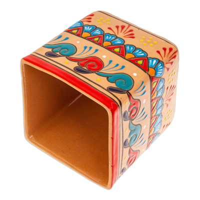 Ceramic tissue box cover, 'Spring Convenience' - Handcrafted Talavera Floral Ceramic Tissue Box Cover