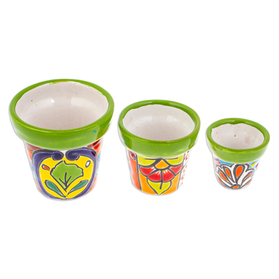 Ceramic flower pots, 'Flourishing Flora' (set of 3) - Set of 3 Hand-Painted Talavera Ceramic Flower Pots in Kiwi