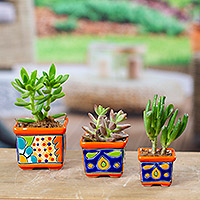 Ceramic flower pots, 'Hacienda Bouquet in Saffron' (set of 3)