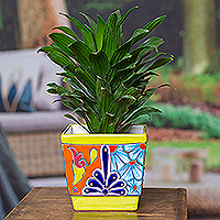 Ceramic flower pot, 'Hacienda Scenes in Chartreuse' - Talavera Chartreuse Ceramic Flower Pot Handcrafted in Mexico
