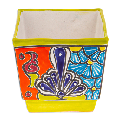 Ceramic flower pot, 'Hacienda Scenes in Chartreuse' - Talavera Chartreuse Ceramic Flower Pot Handcrafted in Mexico