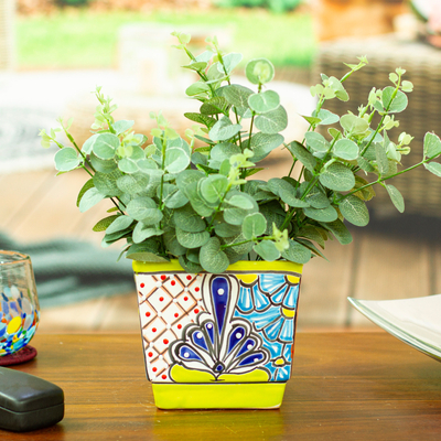 Blumentopf aus Keramik - Talavera Chartreuse Keramik-Blumentopf, handgefertigt in Mexiko