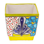 Ceramic flower pot, 'Hacienda Scenes in Chartreuse' - Talavera Chartreuse Ceramic Flower Pot Handcrafted in Mexico
