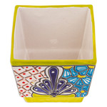 Ceramic flower pot, 'Hacienda Scenes in Chartreuse' - Talavera Chartreuse Ceramic Flower Pot Handcrafted in Mexico