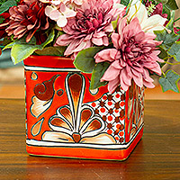 Ceramic flower pot, 'Hacienda Scenes in Vermilion' - Talavera Vermilion Ceramic Flower Pot Handcrafted in Mexico