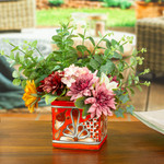 Ceramic flower pot, 'Hacienda Scenes in Vermilion' - Talavera Vermilion Ceramic Flower Pot Handcrafted in Mexico