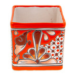 Ceramic flower pot, 'Hacienda Scenes in Vermilion' - Talavera Vermilion Ceramic Flower Pot Handcrafted in Mexico