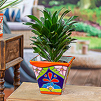Ceramic flower pot, 'Thriving Orange' - Talavera-Style Ceramic Flower Pot in Orange Made in Mexico