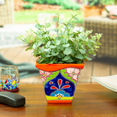 Ceramic flower pot, 'Thriving Orange' - Talavera-Style Ceramic Flower Pot in Orange Made in Mexico