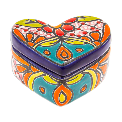 Ceramic decorative box, 'Classic Romance' - Heart-Shaped Floral Talavera Ceramic Decorative Box