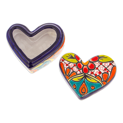 Ceramic decorative box, 'Classic Romance' - Heart-Shaped Floral Talavera Ceramic Decorative Box