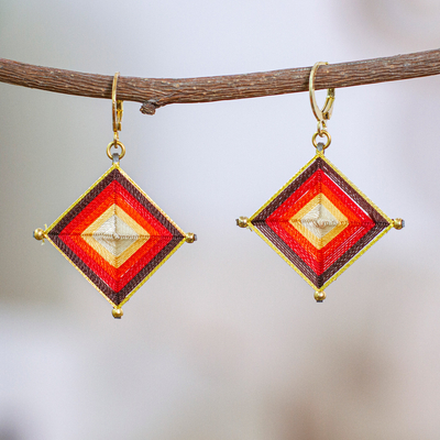 Gold-accented hand-woven dangle earrings, 'Vivid Diamonds' - Gold-Accented and Hand-Woven Dangle Earrings in Red & Amber