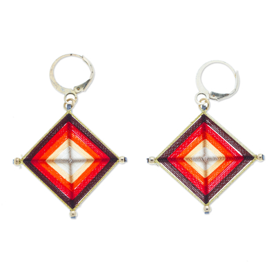 Gold-accented hand-woven dangle earrings, 'Vivid Diamonds' - Gold-Accented and Hand-Woven Dangle Earrings in Red & Amber