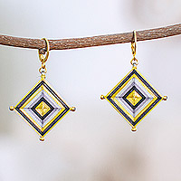 Gold-accented hand-woven dangle earrings, 'Shiny Diamonds' - Gold-Accented and Hand-Woven Dangle Earrings in Black & Gold
