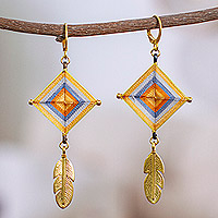 Gold-accented hand-woven dangle earrings, 'Splendid Diamonds' - Hand-Woven Dangle Earrings with Gold-Plated Feathers