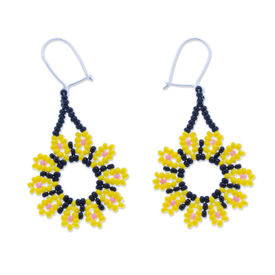 Beaded dangle earrings, 'Blooming Yellow' - Yellow Floral Beaded Dangle Earrings Handcrafted in Mexico