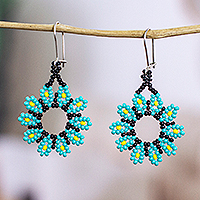 Beaded dangle earrings, 'Blooming Aqua' - Aqua Floral Beaded Dangle Earrings Handcrafted in Mexico