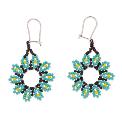 Beaded dangle earrings, 'Blooming Aqua' - Aqua Floral Beaded Dangle Earrings Handcrafted in Mexico