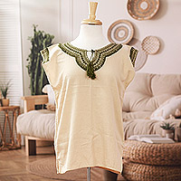 Embroidered cotton blouse, 'Olive Dame' - Beige Cotton Blouse with Embroidered Olive Motifs and Tassel
