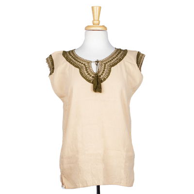 Embroidered cotton blouse, 'Olive Dame' - Beige Cotton Blouse with Embroidered Olive Motifs and Tassel