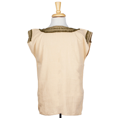 Blusa de algodón bordada - Blusa de Algodón Beige con Motivos Olivos Bordados y Borla