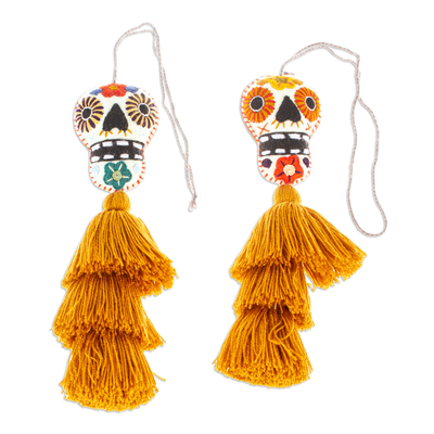 Embroidered felt ornaments, 'Caramel Underworld' (pair) - Day of the Dead Caramel Felt Ornaments with Skulls (Pair)