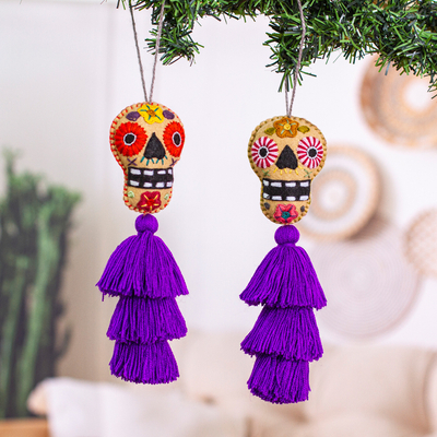 Embroidered felt ornaments, 'Imperial Underworld' (pair) - Day of the Dead Purple Felt Ornaments with Skulls (Pair)